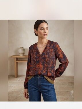 CAbi Orange and Blue Patterned Blouse EUC